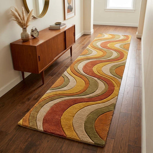 Hand Tufted Abstract Wave Runner Rug, Mid Century Modern Hallway Rug, Retro Mustard Terracotta Wool Carpet, Custom Entryway Runner