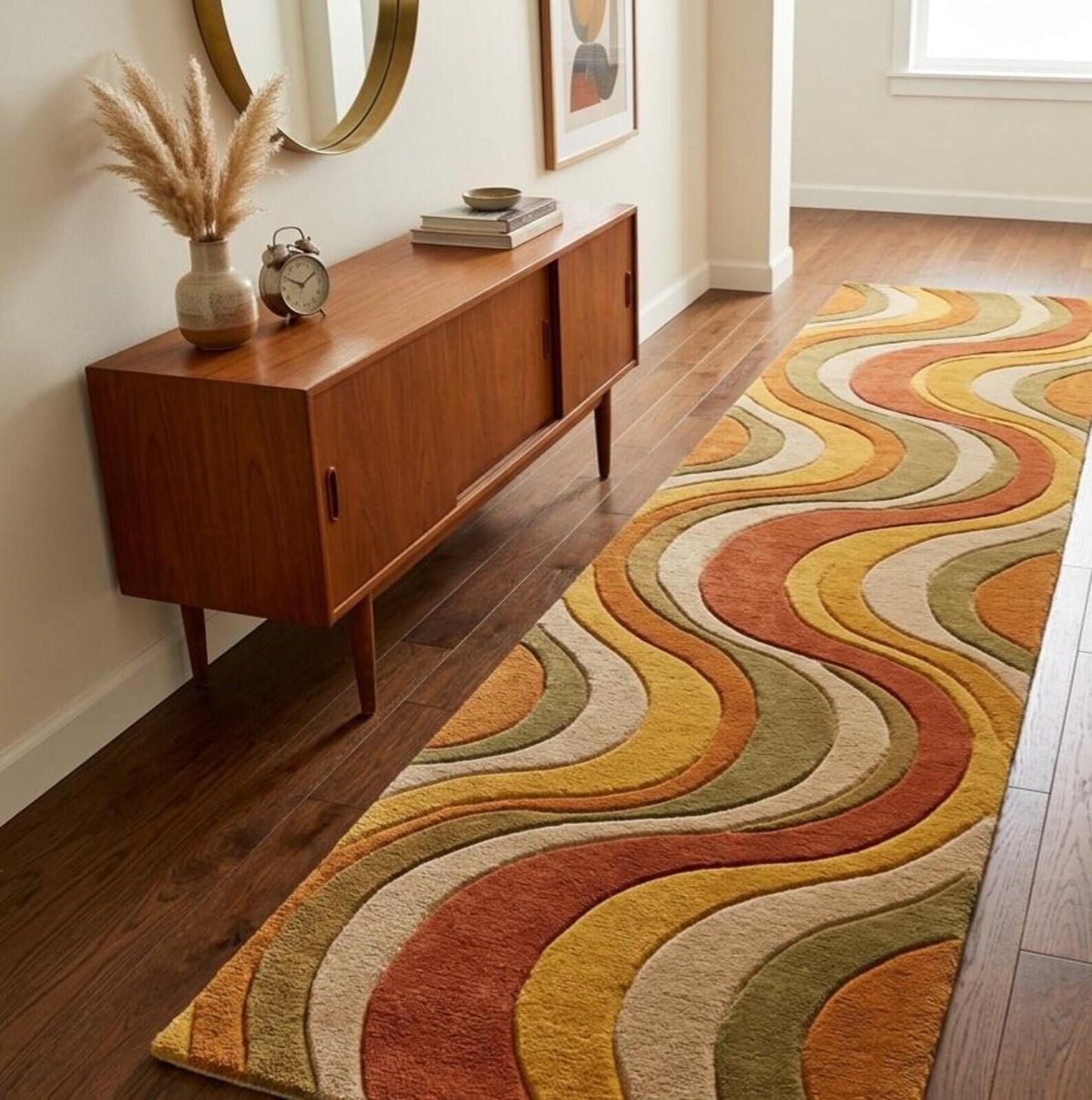 Hand Tufted Abstract Wave Runner Rug, Mid Century Modern Hallway Rug, Retro Mustard Terracotta Wool Carpet, Custom Entryway Runner