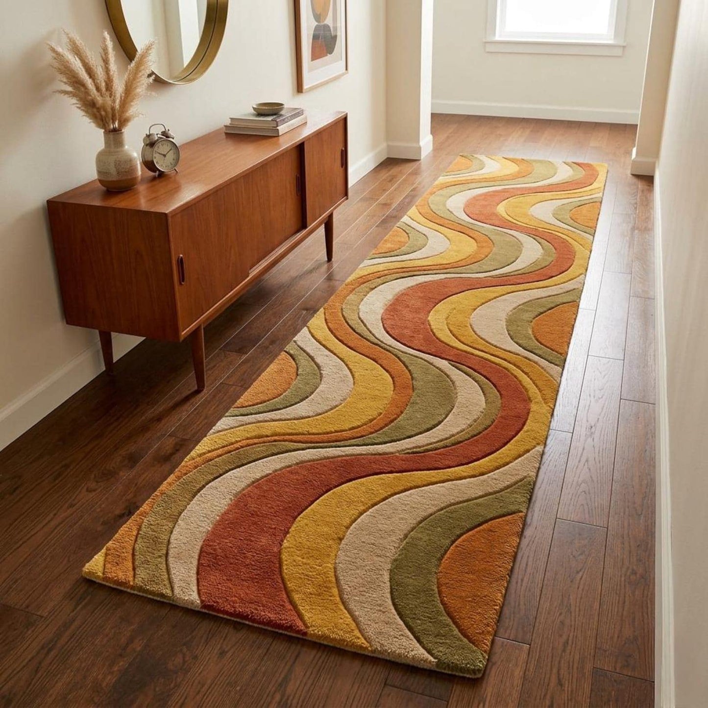 Hand Tufted Abstract Wave Runner Rug, Mid Century Modern Hallway Rug, Retro Mustard Terracotta Wool Carpet, Custom Entryway Runner